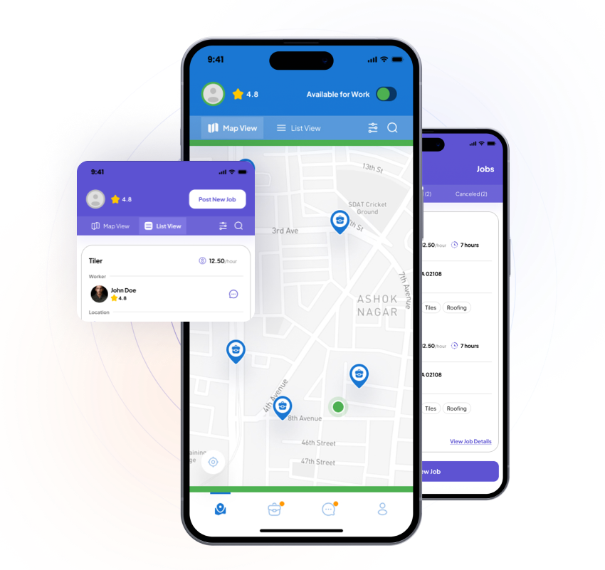 Rush Gigs map view: nearby available workers and jobs as pins