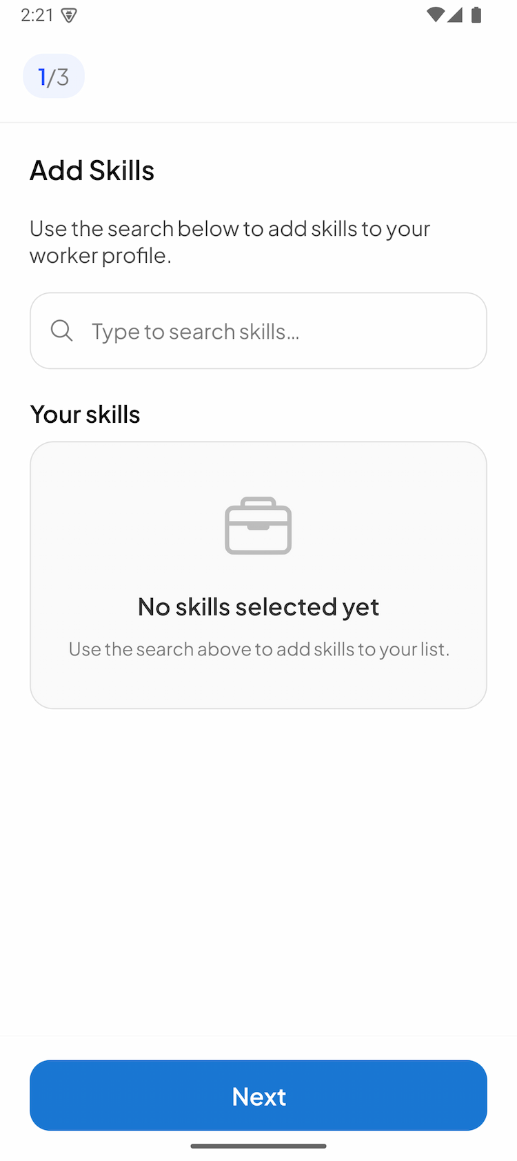 The skills picker — step one of three in onboarding.