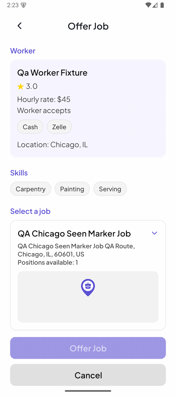 Sending an offer — the only fields are the worker and the job.