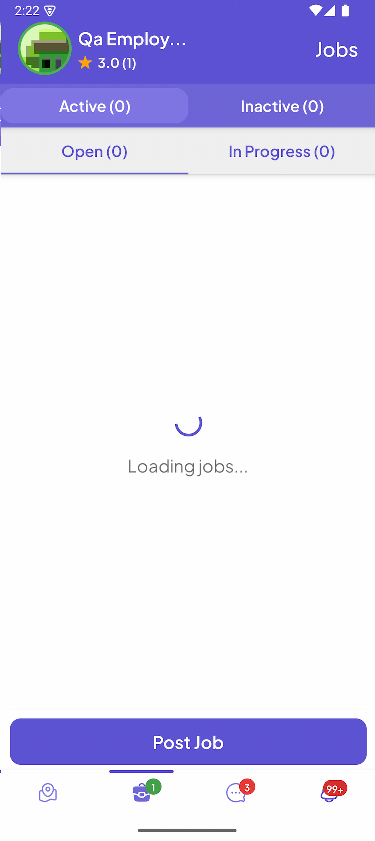 The employer dashboard — the Post Job button is always in reach.