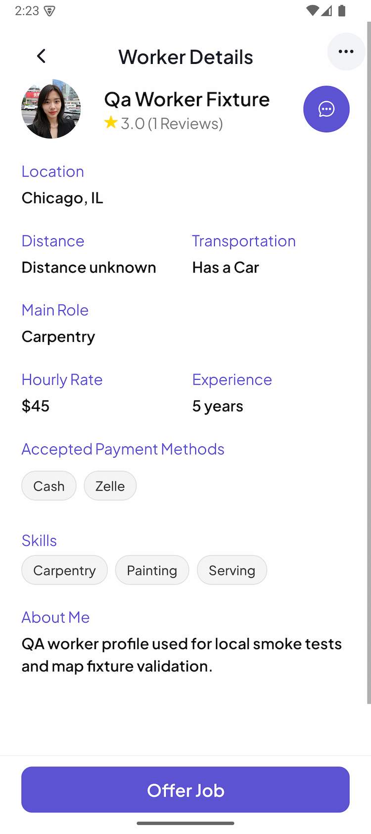 A worker profile — everything you need to decide in under a minute.
