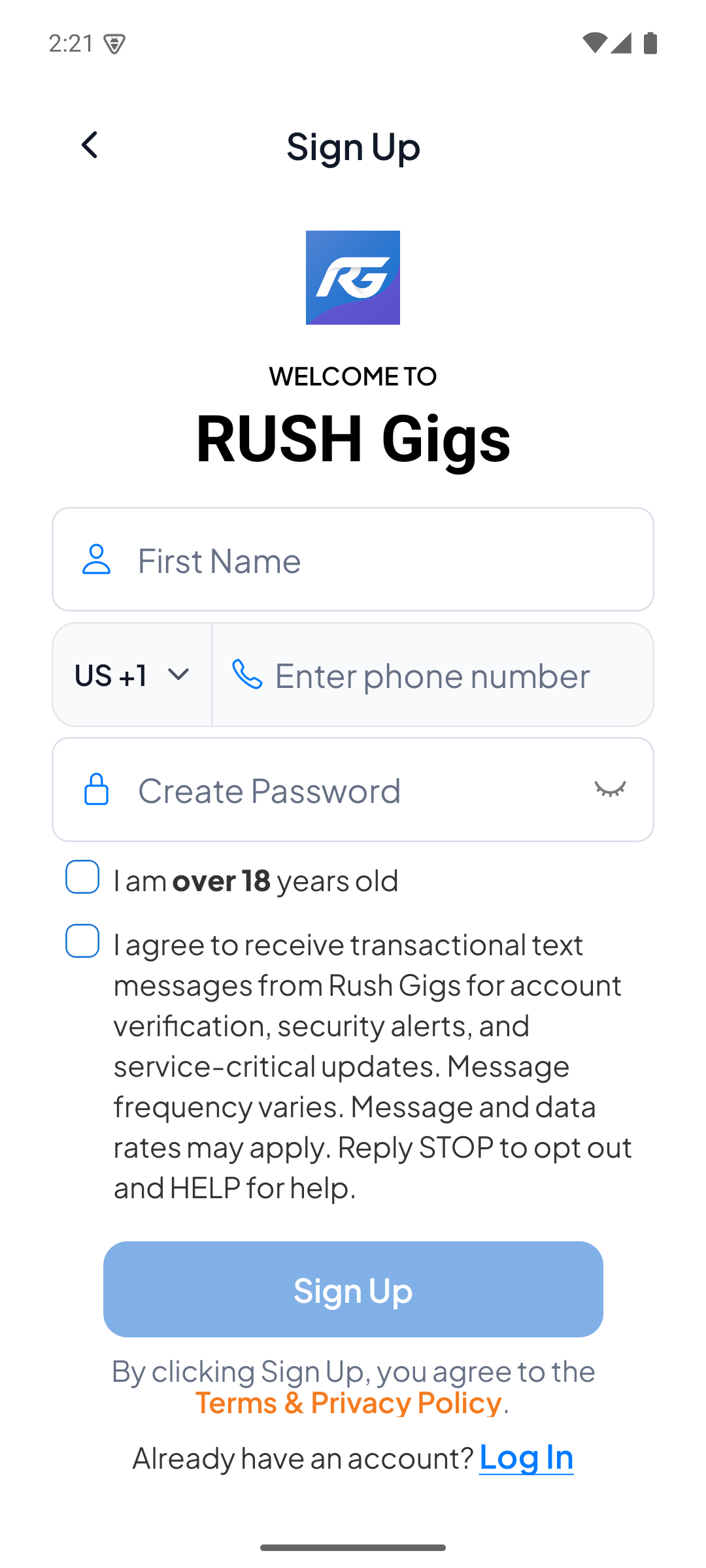 Rush Gigs sign-up screen: first name, phone number, password