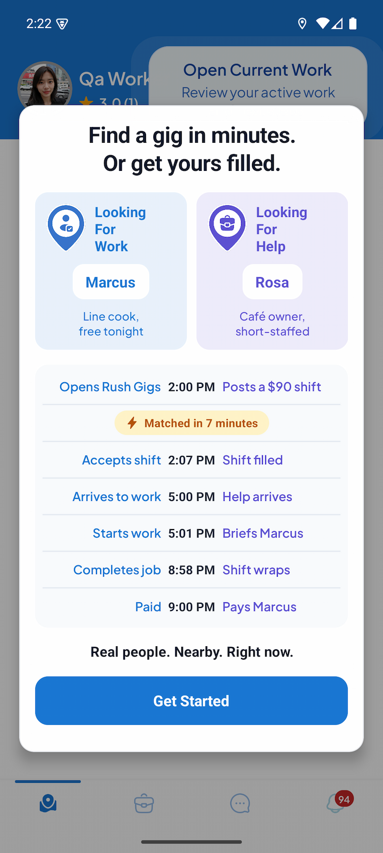 Rush Gigs in-app walkthrough showing a same-day matched shift timeline