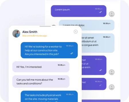 Rush Gigs in-app conversation between a hirer and worker