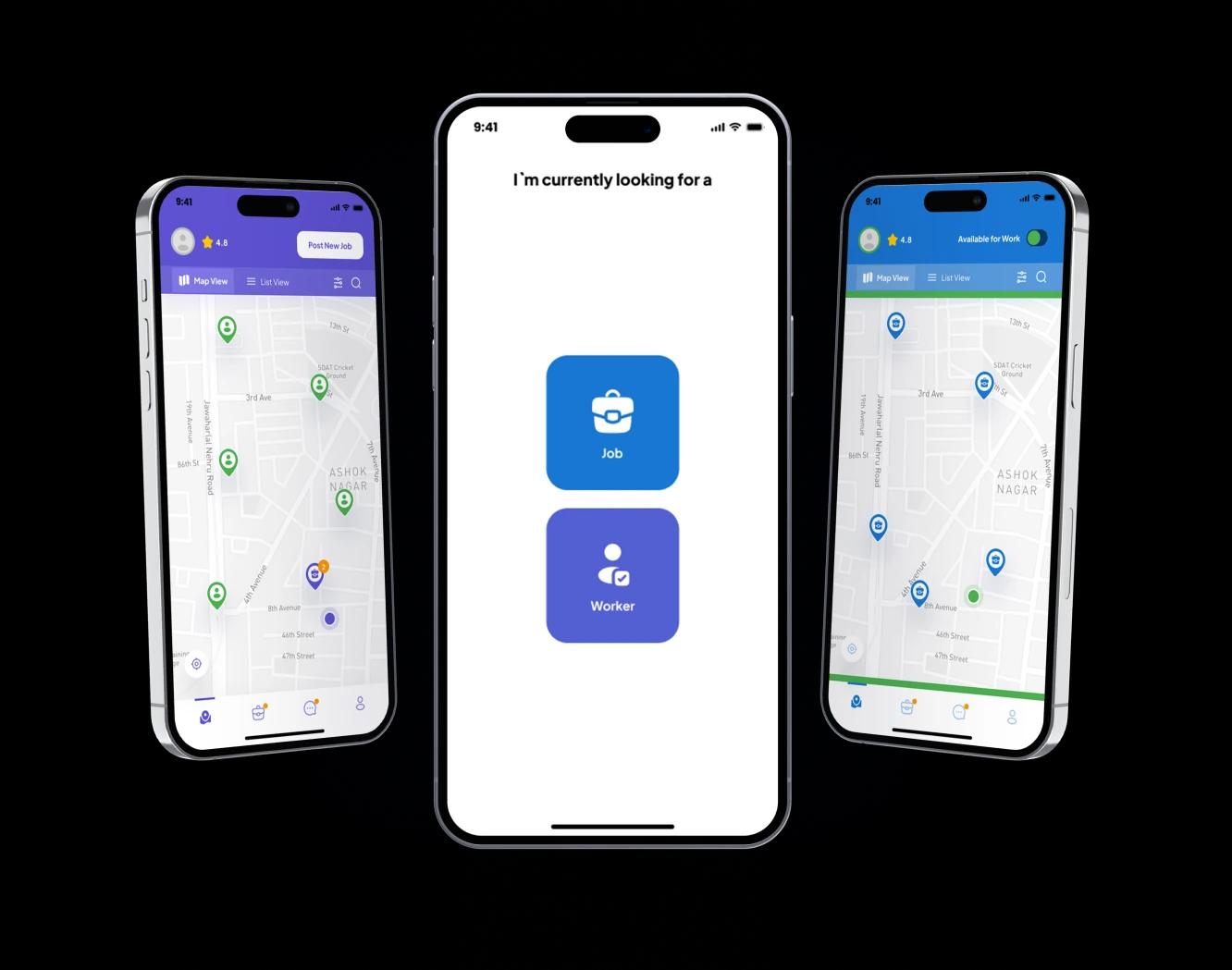 Rush Gigs job, worker, and map views displayed across mobile phones