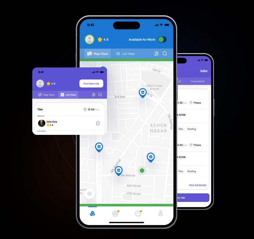 Rush Gigs map and job views displayed across mobile phones