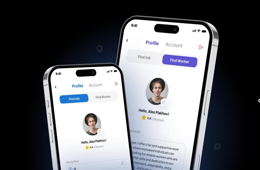 Rush Gigs worker profile views displayed across mobile phones