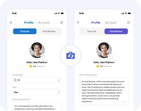 Rush Gigs mobile profile switching between finding jobs and workers